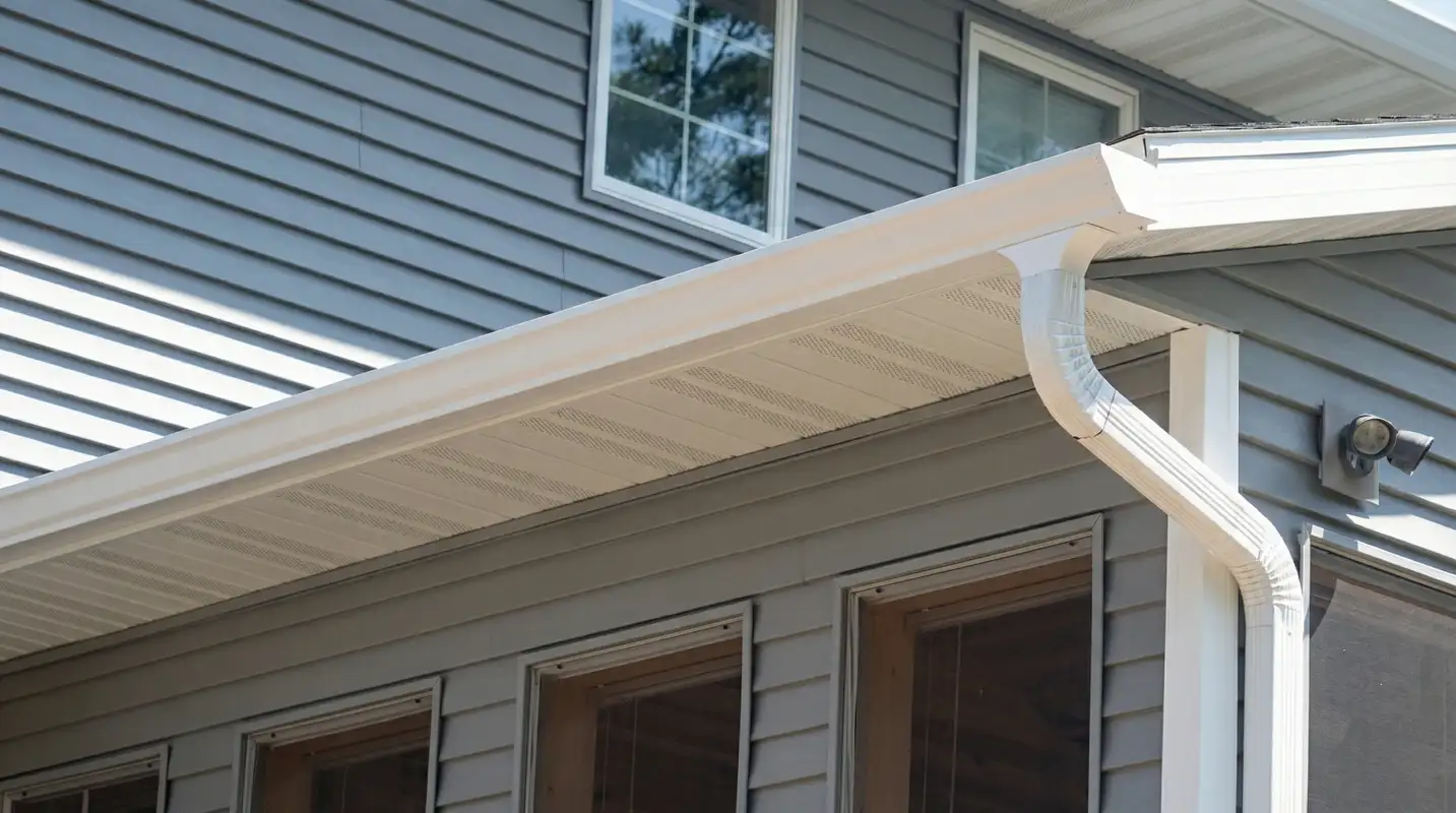 Professional home remodeling project showing newly installed white seamless gutters and downspouts on a house with gray siding in Tucson, AZ