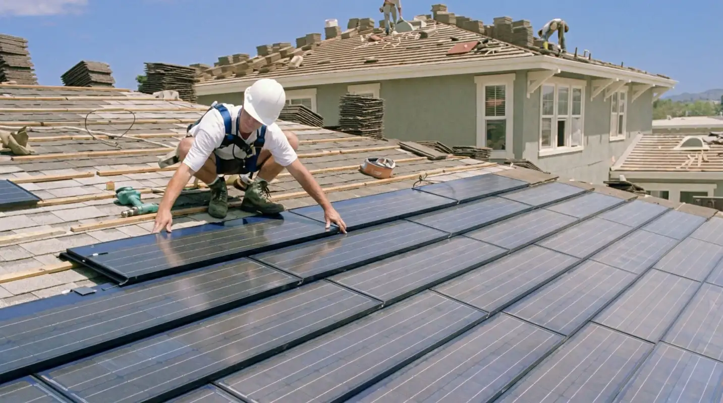 Roof replacement expert installing modern solar shingles on a residential home in Tucson, AZ
