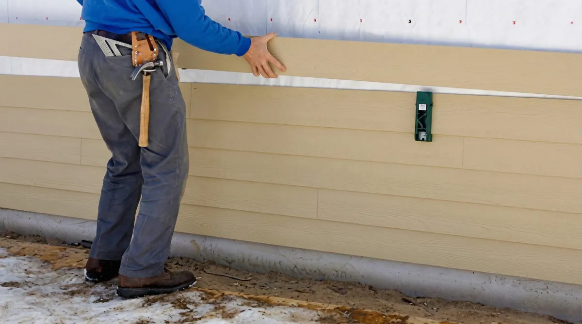 Siding replacement expert carefully aligning a new tan siding panel onto a residential exterior wall in Tucson, AZ