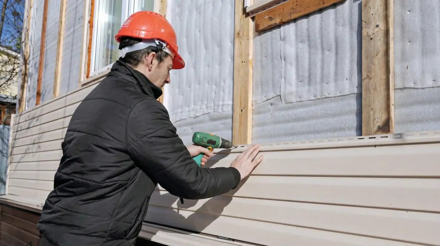 Siding replacement professional using a power drill to install new tan vinyl siding on a home exterior in Tucson, AZ