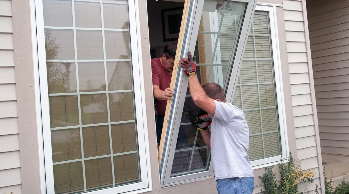 Professional home remodeling team installing a large replacement window on a house with tan siding in Tucson, AZ