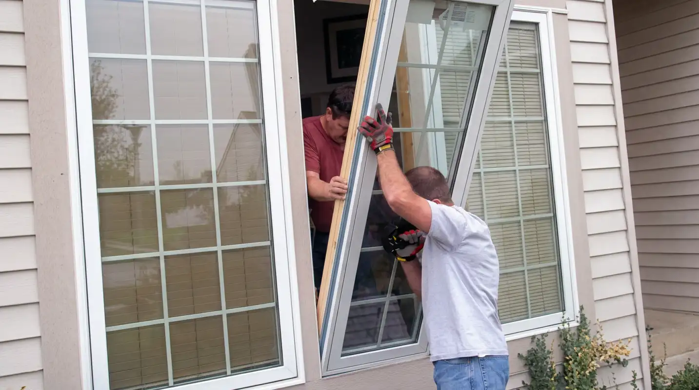 Professional home remodeling team installing a large replacement window on a house with tan siding in Tucson, AZ